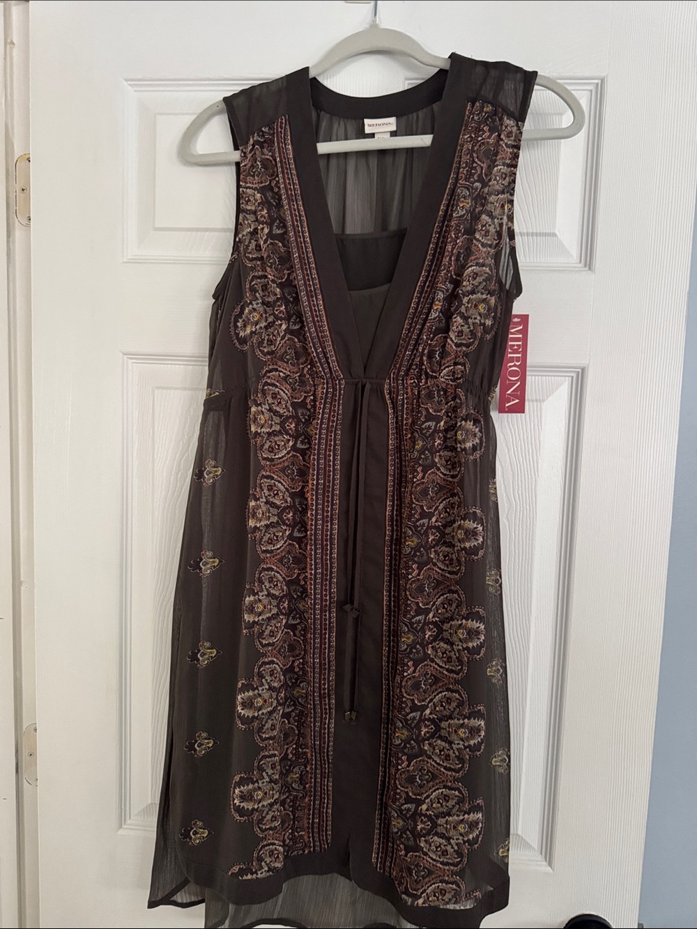 Merona Brown Sheer Embroidered V-Neck Dress